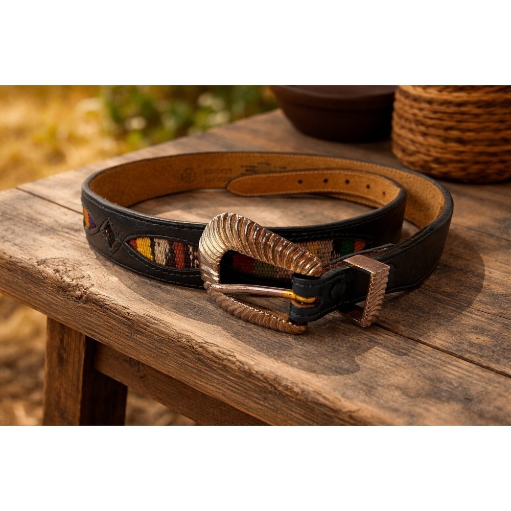 Silver Creek Genuine Leather Belt Southwestern Woven‎ Inlay Size 32